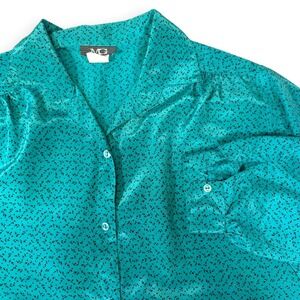 MG 18W/38 Teal Black Micro Floral Satin Button Down Shirt Longline Vintage 80s